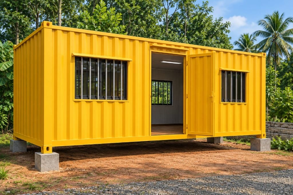 Yellow container space with grilled windows and an open door, set on concrete footings