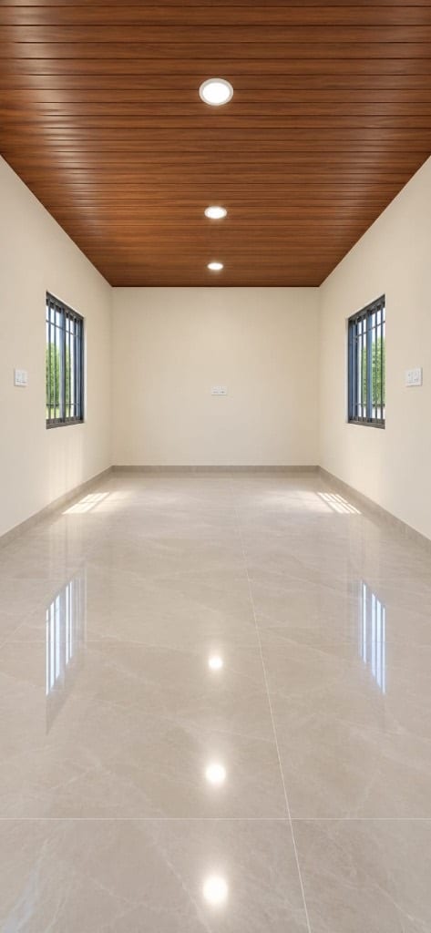Container home interior with tiled floor, plastered walls, and a timber ceiling