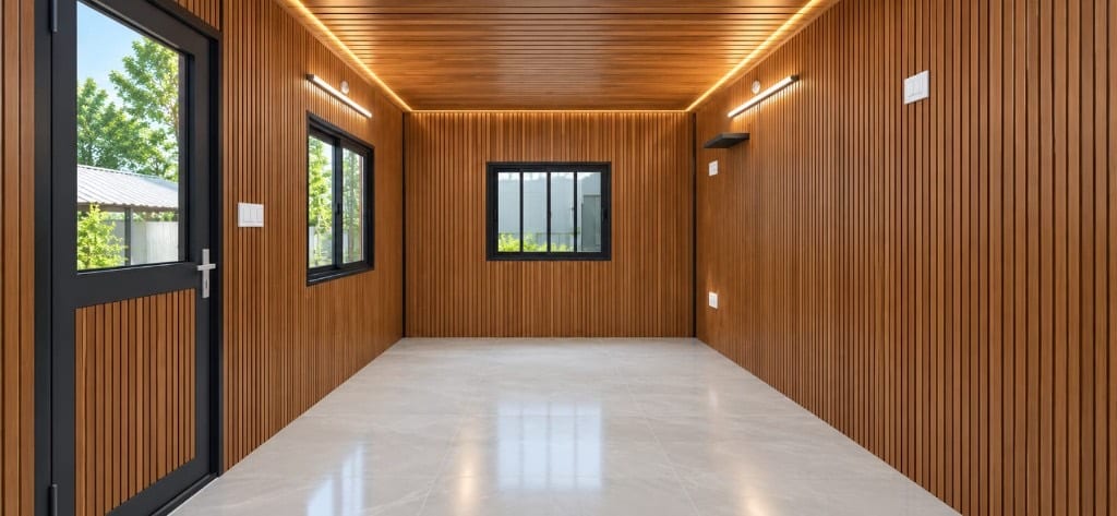 Container office interior finished in warm wood panelling with tiled floor and cove lighting