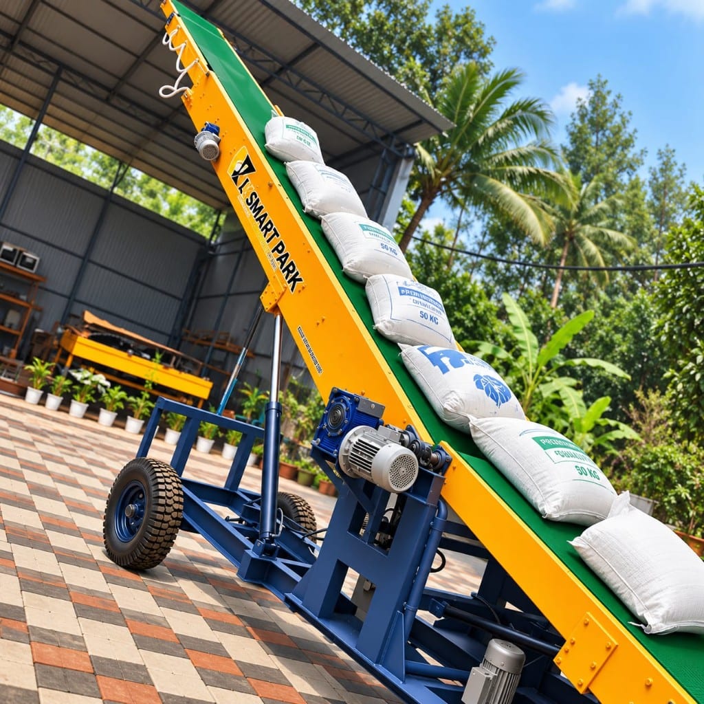 LK Smart Park inclined bag conveyor loaded with 50 kg sacks, standing in the plant yard