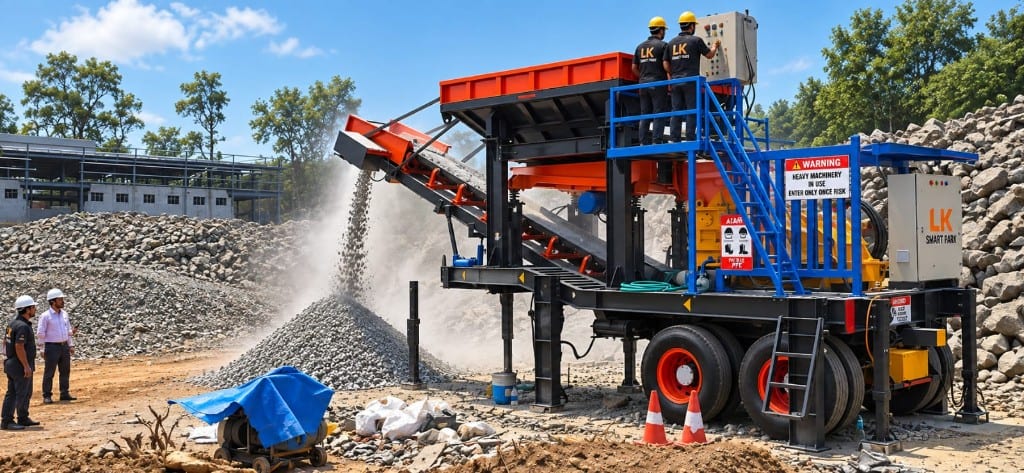LK Smart Park mobile stone crusher discharging aggregate at a quarry, with operators on the platform