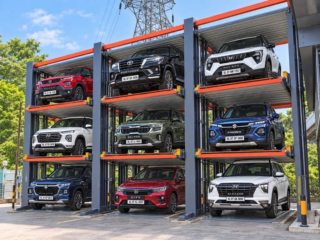 Nine-car three-level parking stacker with SUVs and sedans on independent platforms
