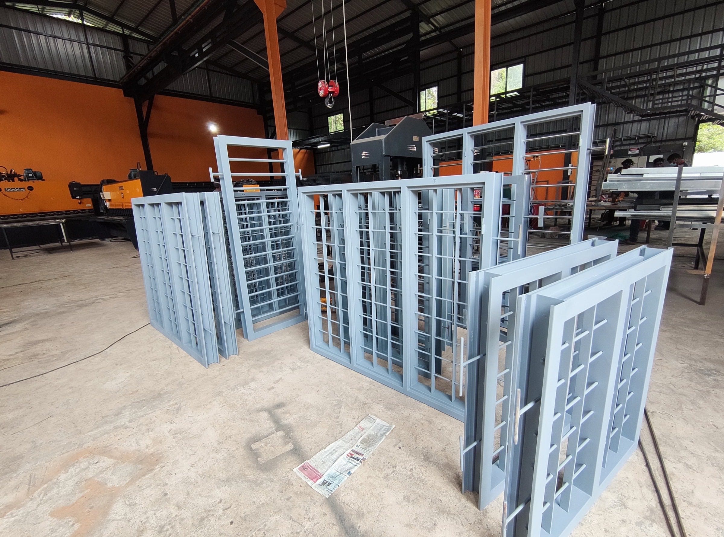 Primed steel window and door frames standing in the LK Smart Park plant