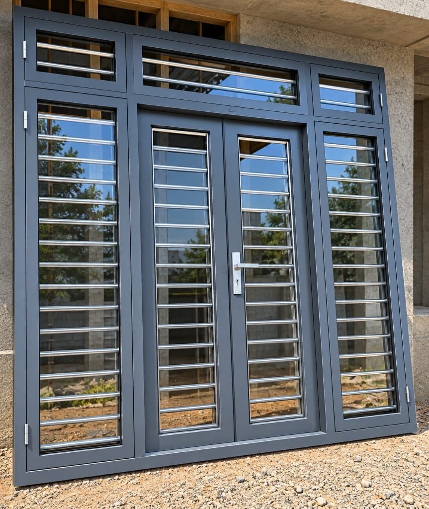 Grey steel door and window set with horizontal bar grilles fitted into a wall opening